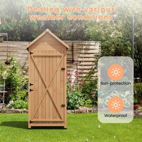 Outdoor Wooden Storage Shed, 63''H Vertical Tool Storage House with Shelves, Large Garden Tools Shed with Lockable Door for Backyard Garden Patio image {2}