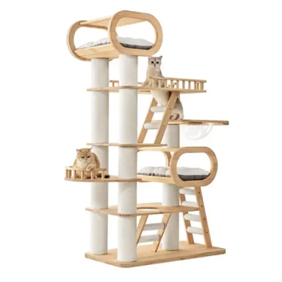 Modern Wooden Cat Tower,Beige,43.3" W &times; 23.62" D &times; 76.38" H image {7}