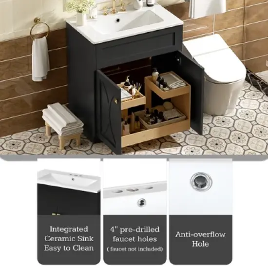 30'' Modern Bathroom Vanity with Ceramic Sink, Freestanding Storage Cabinet with Soft-Closing Doors & Gold Handles, White/Black - ModernLuxe image {4}