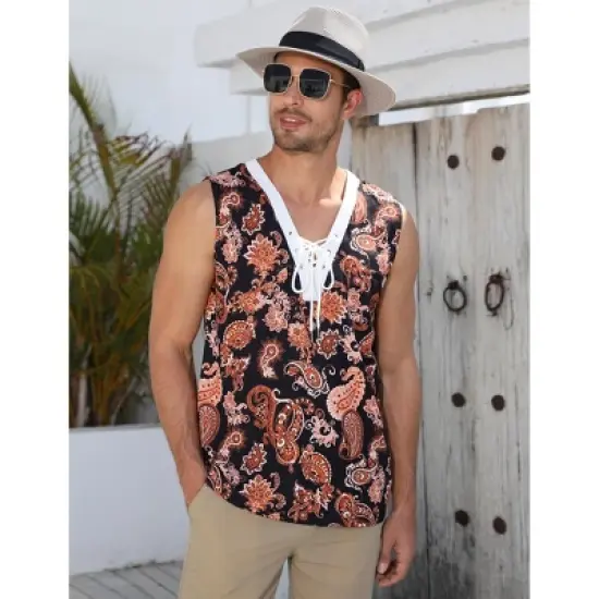 Clearlove Men's Tank Top&nbsp;Sleeveless&nbsp;Shirts V Neck Lace Up Retro Boho Shirts Summer&nbsp;Casual Tops image {4}
