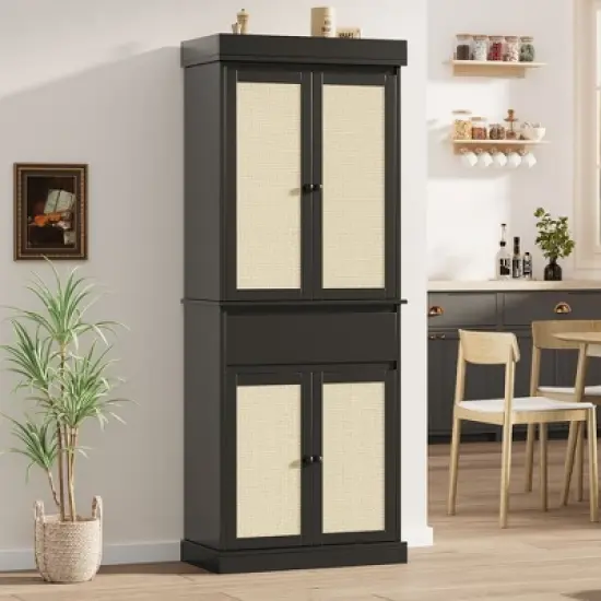 Kitchen Pantry Cabinet, Tall Storage Cabinet with Glass Doors and Adjustable Shelves, Freestanding Cupboard with Drawer for Bathroom, Dining Room, Living Room image {8}