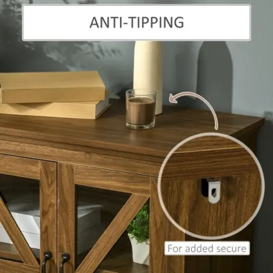 HOMCOM Rustic Kitchen Sideboard, Glass Door Buffet Cabinet, TV Stand with Adjustable Shelf for Dining Room, Natural image {4}