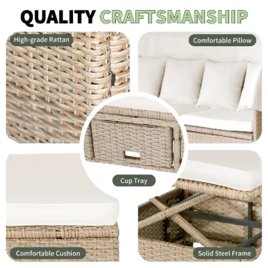 4-Piece Outdoor Wicker Sofa Set with Retractable Canopy, Adjustable Lifting Table & Cushions, UV-Proof Patio Daybed - ModernLuxe image {5}