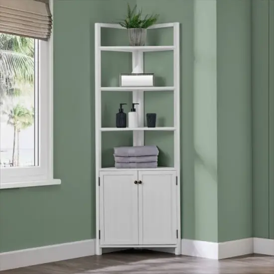 Dover Corner Storage Cabinet with Two Doors and Open Shelving White - Alaterre Furniture image {1}