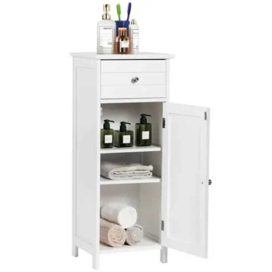 Costway Wooden Bathroom Floor Storage Cabinet Organizer with Drawer and Adjustable Shelf image {9}
