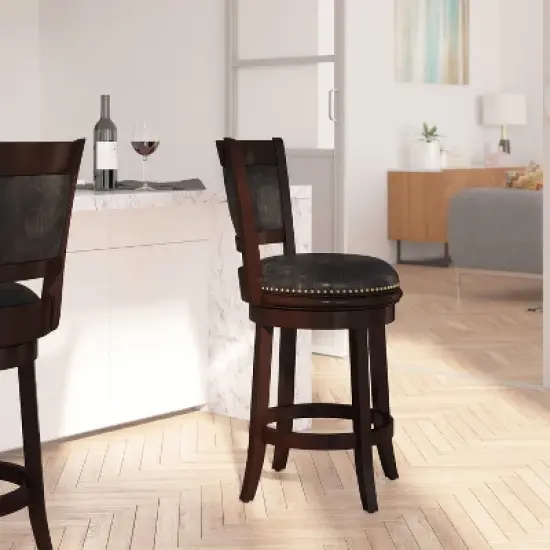 Merrick Lane 24" Wooden Counter Height Stool with Black Faux Leather Upholstered Panel Back & Swivel Seat with Nail Trim, Cappuccino image {2}