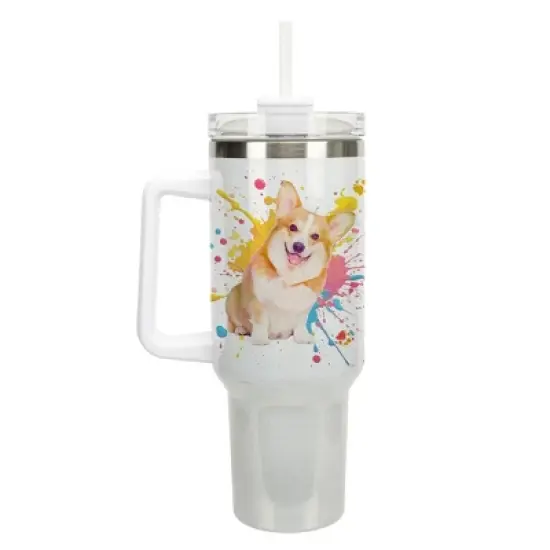 100 North 40 Ounce Stainless Steel Double Wall Insulated Glitter Travel Tumbler With Handle, Straw, and Lid, Corgi Dog White image {5}