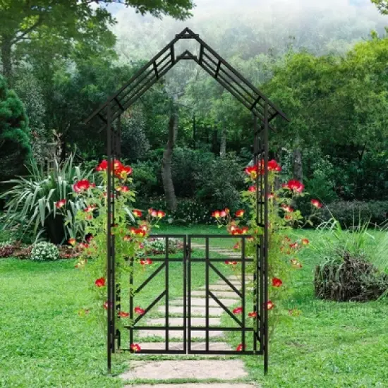 Lirago Black Metal Garden Arch-Galvanized Iron Trellis Rose Arch Outdoor Garden Decor with Gate Design 16.92"Dx97.24"Hx58.07"W image {1}