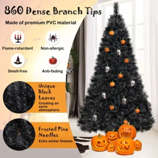 Tangkula 8/7/6 FT Black Artificial Halloween Tree Pre-lit Hinged Full Xmas Tree w/ Branch Tips Pine Needles Cold White LED Lights image {5}