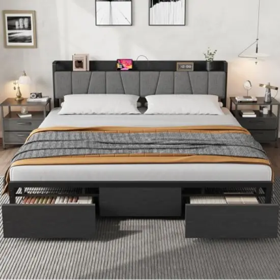 Bed Frame with Storage Headboard, Industrial Full Platform Bed with 2 Large Drawers and Charging Station, Black image {8}