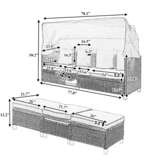4 Pieces Wicker Patio Sofa Set,Wicker Daybed with Retractable Canopy and Lifting Table,Rattan Outdoor Conversation Set with Cushions-Coolbibila image {2}