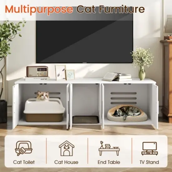 Tangkula 58" Hidden Cat Washroom Furniture w/ Double Rooms Sisal Scratching Mat image {9}