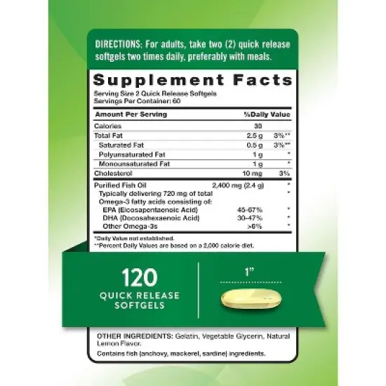 Nature's Truth Fish Oil 2400mg | 120 Quick Release Softgels | 720 mg Omega 3 | Burpless Lemon Flavor Pills | Non-GMO & Gluten Free Supplement image {1}