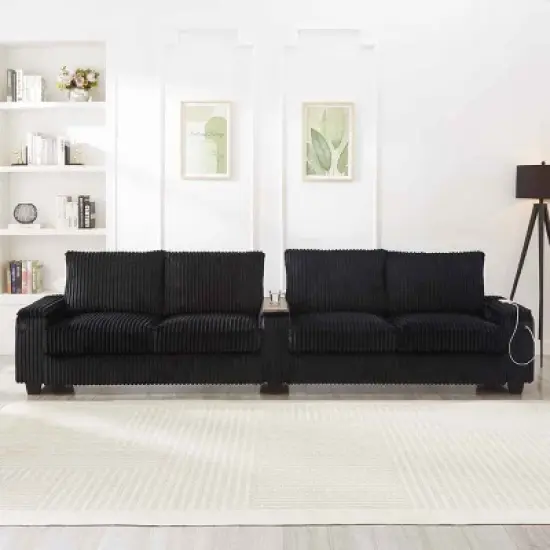 4-Seater Sofa Couch with Hidden Arm Storage, Sofa with USB Ports and Flip-Top Cup Holders, Corduroy Sofa with Plywood Frame-Cuddlewood image {2}