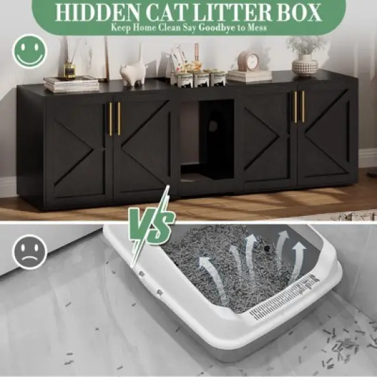 Cat Litter Box Enclosure with Double Room, Modern Wood Cat Washroom Furniture with Pad image {5}