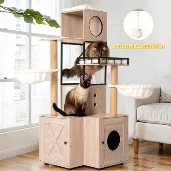 Whisen Cat Tree & Cat Bed with Litter Box Enclosure, Scratching Post, Cat Teaser Ball, Anti-Slip Mat - White+Gray image {4}
