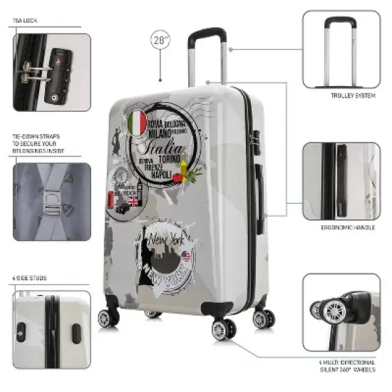 InUSA Large Checked World Print Lightweight Hardside Spinner 3pc Suitcase Set - Gray image {2}