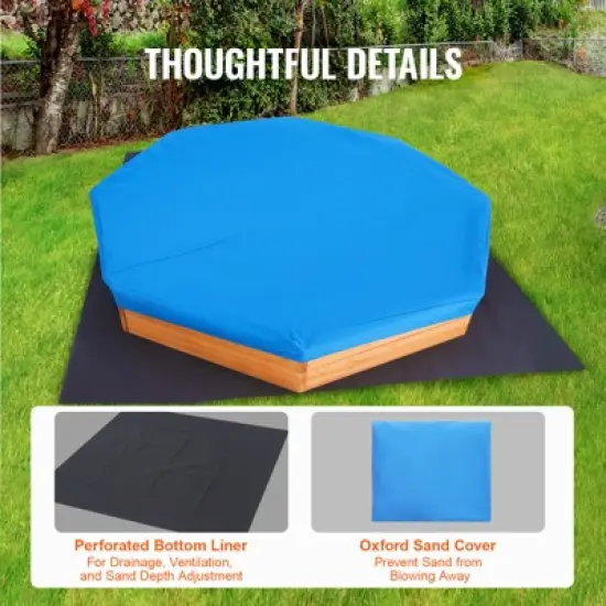 VEVOR Wooden Sandbox with Cover, 75.6 x 75.6 x 9.1 in Octagonal Sand Box, Sand Pit with 4 Seating and Bottom Liner image {6}