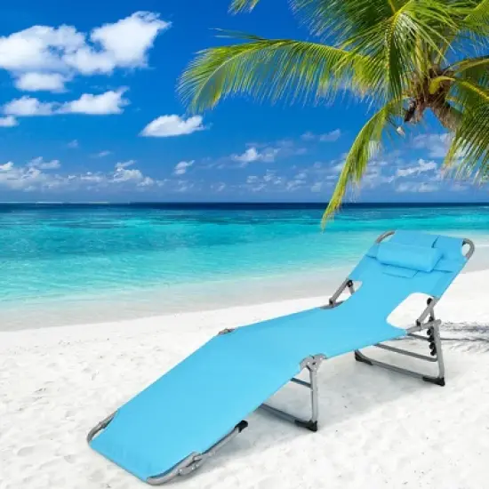 Costway Outdoor Beach Lounge Chair Folding Chaise Lounge with Pillow Blue\Blue&Green\Black\Grey\Turquoise\Pink\Beige\Light Pink image {17}
