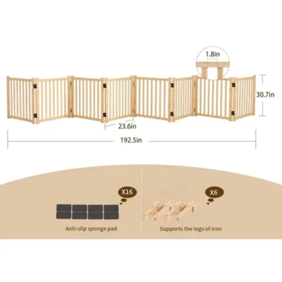 Racxily 31"H Folding Wooden Freestanding Dog Gate, Dog Gates for Doorways, Stairs, Wood Dog Fences Indoor Pet Gate, Step Over Fence-8 Panel image {3}