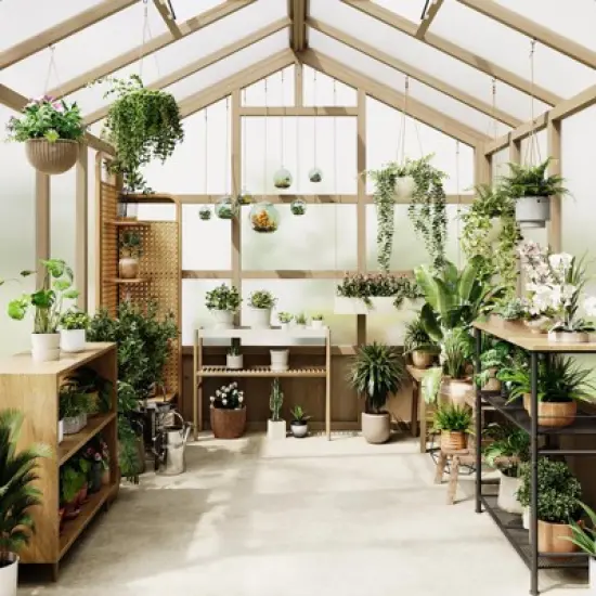 8x8FT Outdoor Wooden Greenhouse with Lockable Door Adjustable Vent Polycarbonate Panels Heavy Duty Garden Yard Greenhouse Light Brown image {8}