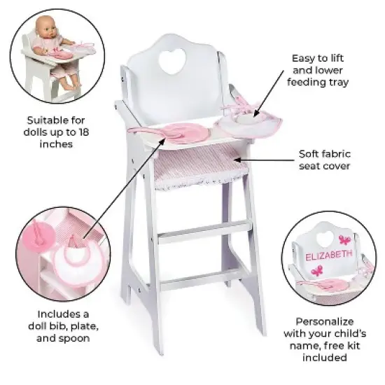 Badger Basket Doll High Chair with Accessories and Free Personalization Kit - White/Pink/Gingham image {9}