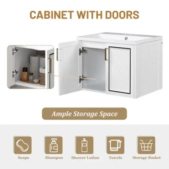 24" Wall Mounted Bathroom Vanity with Porcelain Sink and Two Shuttered Doors, White - ModernLuxe image {7}