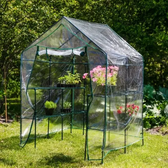 Sunnydaze Outdoor Portable Growing Rack Grandeur Mini Walk-In Greenhouse with Roll-Up Door - 4 Shelves - Clear image {2}
