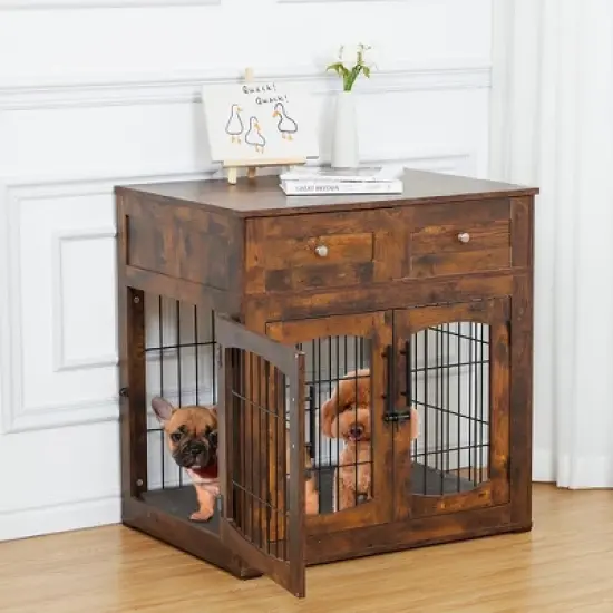 Dog crate furniture with cushions, indoor wooden dog kennel with 2 drawers, dog crate side table with storage for living room, foyer image {7}