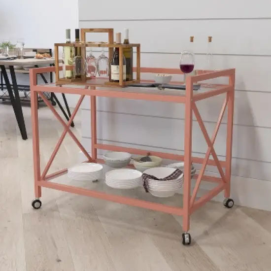 Merrick Lane Rolling Bar Cart Contemporary Kitchen Serving Cart with Mirrored Bottom Shelf and Crisscross Rose Gold Metal Frame image {2}