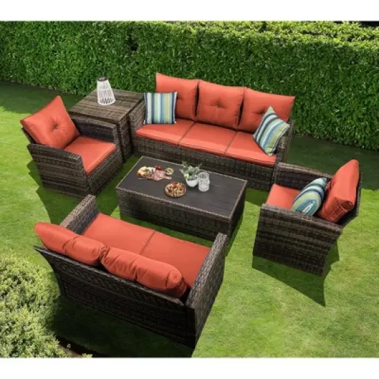 6pc Wicker Outdoor Conversation Set with Cushions - Orange - EDYO LIVING image {3}