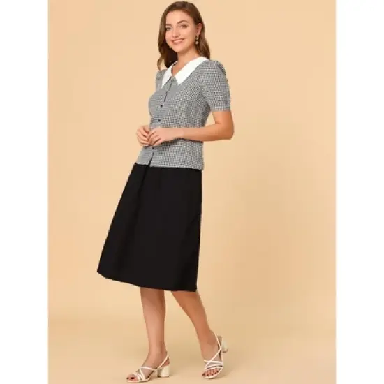 Allegra K Women's Plaid Puff Sleeve Blouse Contrast Collar Button Down Shirt Tops image {3}