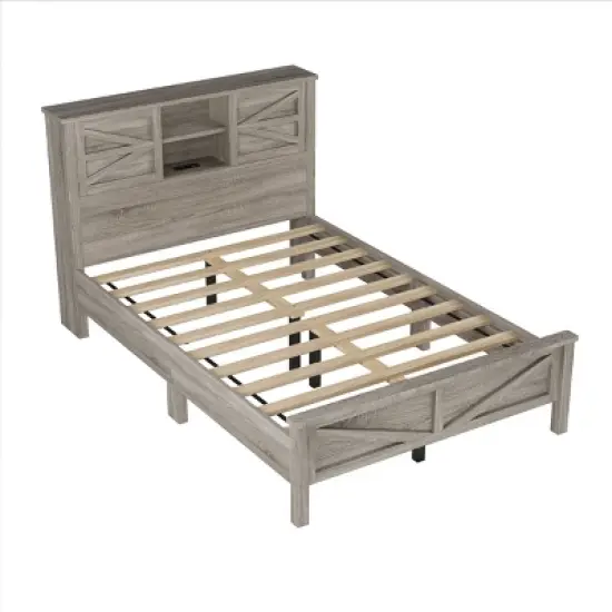 Full Size Farmhouse Platform Bed with Sliding Door Headboard & Charging Station, Nightstand and Chest Storage Set for Bedrooms-Cuddlewood image {4}