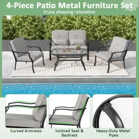 Costway 4 PCS Patio Furniture Set Outdoor Conversation Sofa Tempered Glass Coffee Table image {8}
