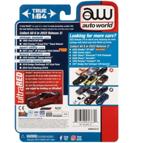 2019 Dodge Challenger R/T Scat Pack Tor Red with Black Tail Stripe "Modern Muscle" Ltd Ed 1/64 Diecast Model Car by Auto World image {1}