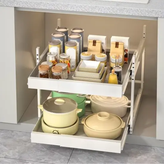 Extendable Cabinet Organizer with 2 Tiers, (31.5~56.5cm Wide x 42-67cm Deep x 40.5cm High), Extendable Drawer Organizer Storage Telescopic Drawer image {3}