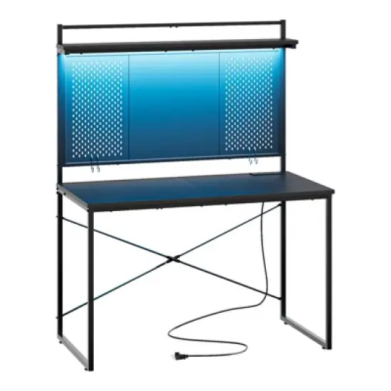 Bestier Gaming Desk with Power Outlets & LED Light, 39.3'' Computer Desk Office Table with Storage Shelves Pegboard image {6}