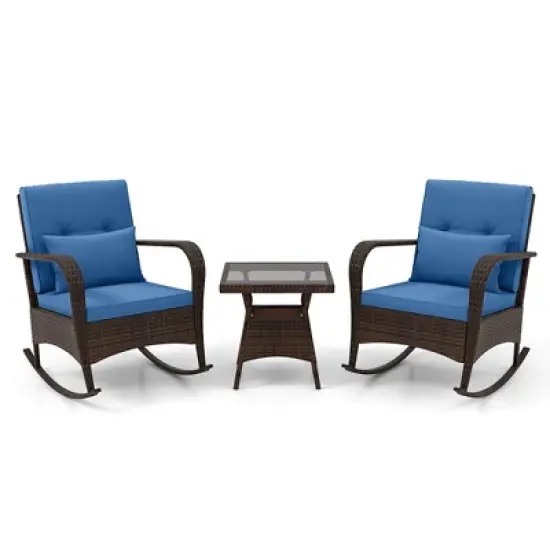 Tangkula 3 Piece Outdoor Rocking Set Rattan Rocker Chairs w/ Tempered Glass Coffee Table image {9}