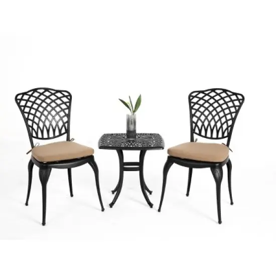 3 Piece Patio Seating Set, Aluminum Patio Accent Chairs Set Of 2 With Umbrella Hole And Cushion,Square Metal Bistro Table Set -Maison Boucle image {1}