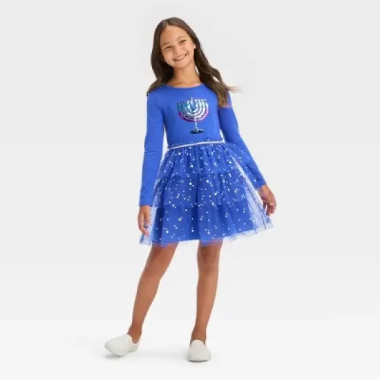 Girls' Long Sleeve Menorah Tiered Hanukkah Tulle Dress - Cat & Jack&trade; Blue image {1}