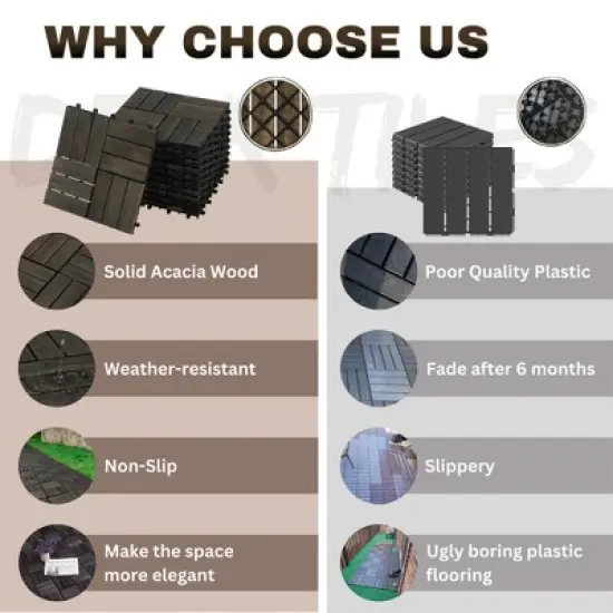 10 PCS Interlocking Deck Tiles Checker Pattern, 12" x 12" Light Gray Square Acacia Hardwood Outdoor Flooring image {5}