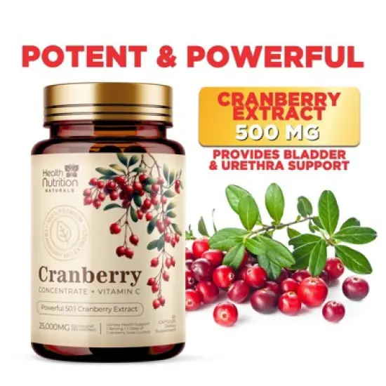 Cranberry Supplement Pills + Vitamin C - Made with 25,000mg Cranberry Concentrate Whole Fruit Extract to Help Cleanse & Support - 60 Capsules image {2}