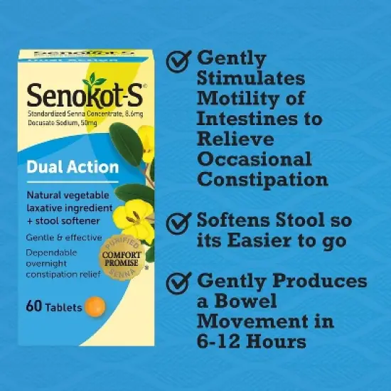 Senokot-S - Dual Action Natural Vegetable Laxative Ingredient Plus Stool Softener, 60 Count image {3}