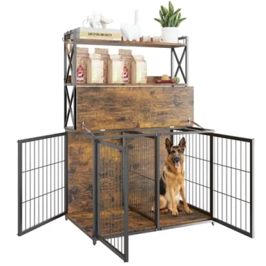 42.5 Inch Dog Crate with Storage Shelves, Large Wooden Dog Kennel End Table with Flip Top, Movable Divider, 3 Doors, Indoor Dog Cage image {7}