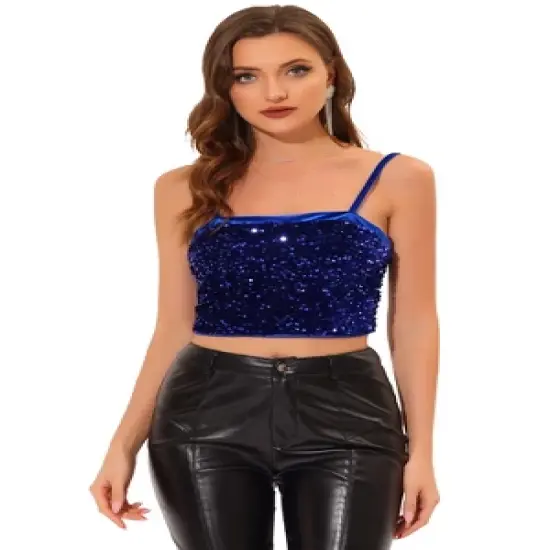 Allegra K Women's Velvet Spaghetti Strap Club Party Crop Sequined Cami Top image {7}