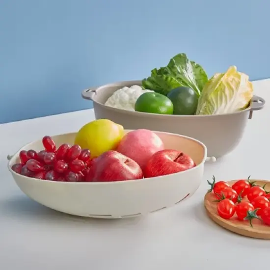 VECELO 2 In 1 Colander Strainer with Bowl Set, Fruit Vegetable Washing Colanders & Food Strainers, Double Layer Colander for Kitchen, Gray image {15}