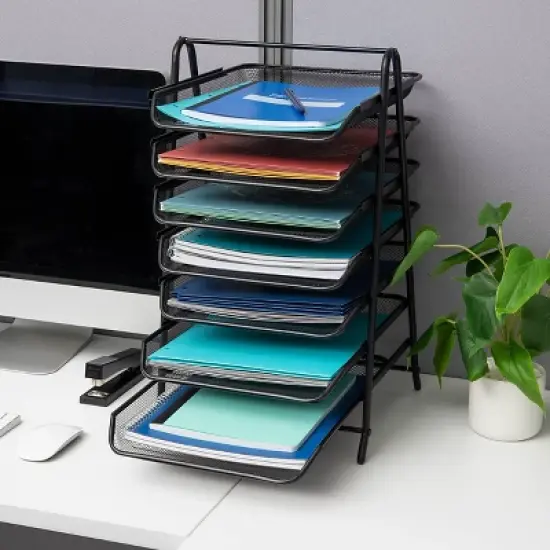 Mind Reader Metal 7-Tier Paper Tray Desktop Organization Set: Black Metal Desk Organizer for Office Supplies image {2}