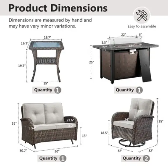 Belord 43" Propane Fire Pit Table Set Patio Furniture Set with Glider Loveseat, Brown Wicker Deep Seating Patio Swivel Rocker Glider Chairs image {3}