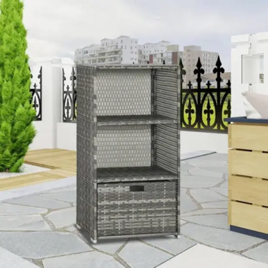 WELLFOR Outdoor PE Wicker Pool Towel Rack Waterproof Storage Organizer with 2 Shelves Gray image {1}