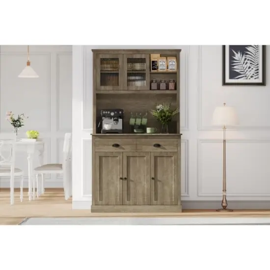 GustoWave 5-door Kitchen Pantry Cabinet, 71" Tall Storage Pantry with Microwave Stand, Modern Kitchen Hutch Cabinet, Rustic Grey image {7}